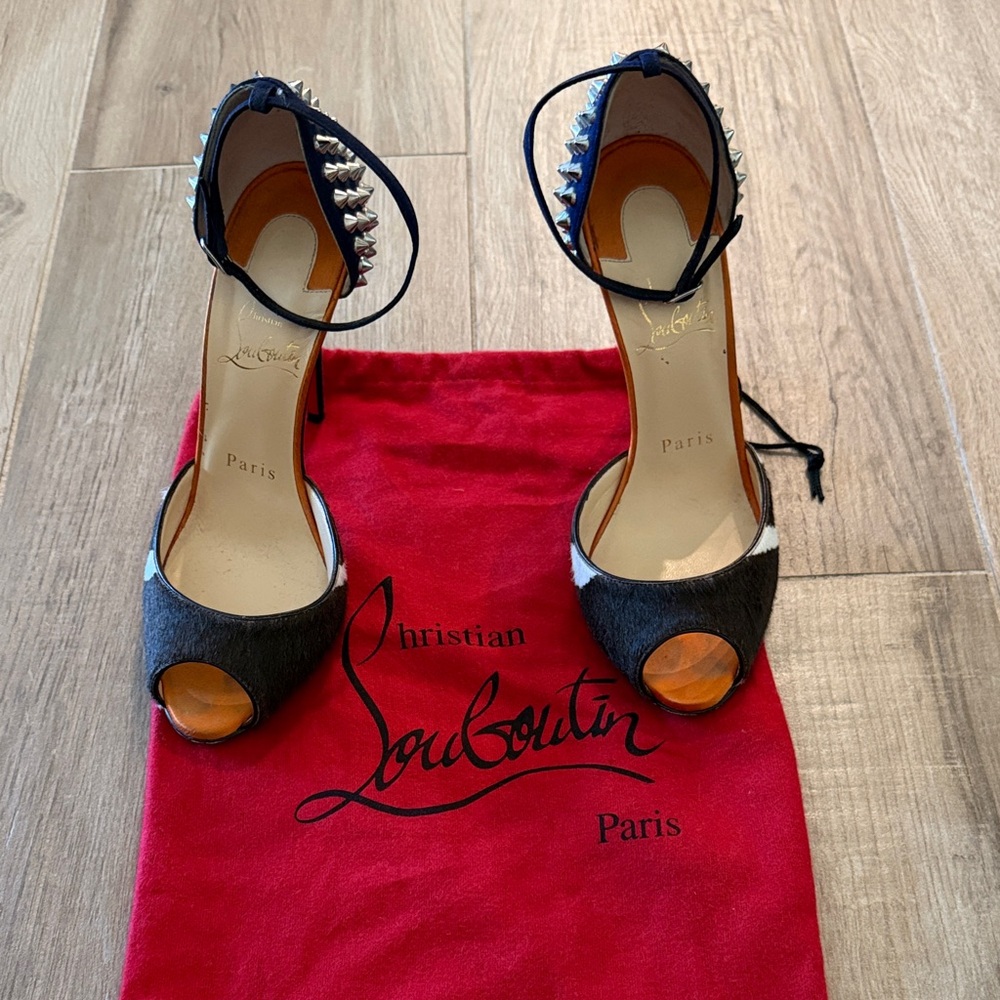 Christian Louboutin Black, White & Blue Peep-Toe Stilettos